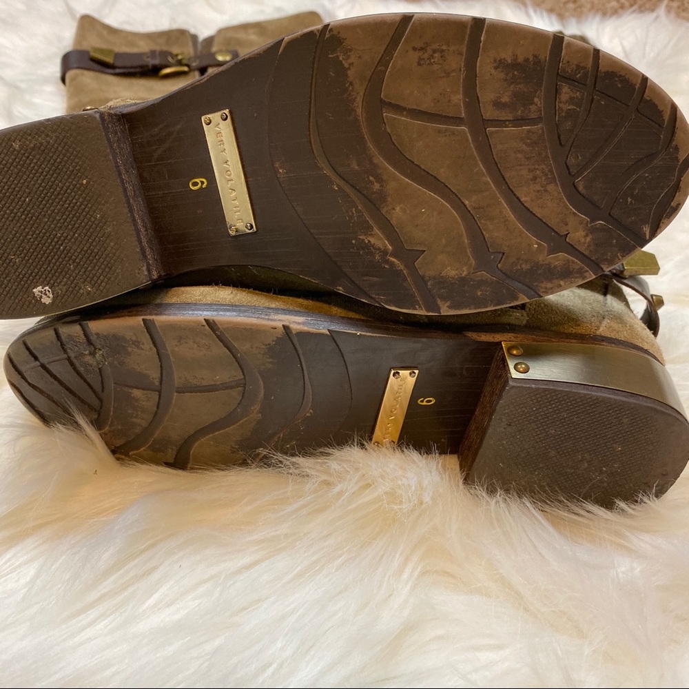 Very Volatile Suede Emperor Brown Gold Plated Knee High Zip Riding Boots - Picture 10 of 12